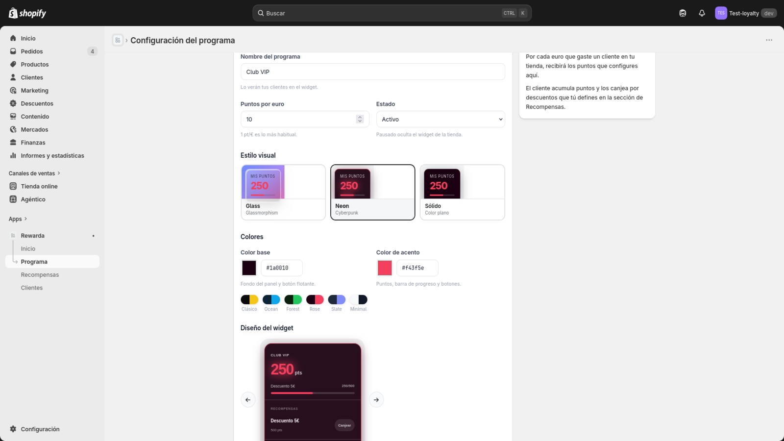Configuración del programa de puntos en Rewarda